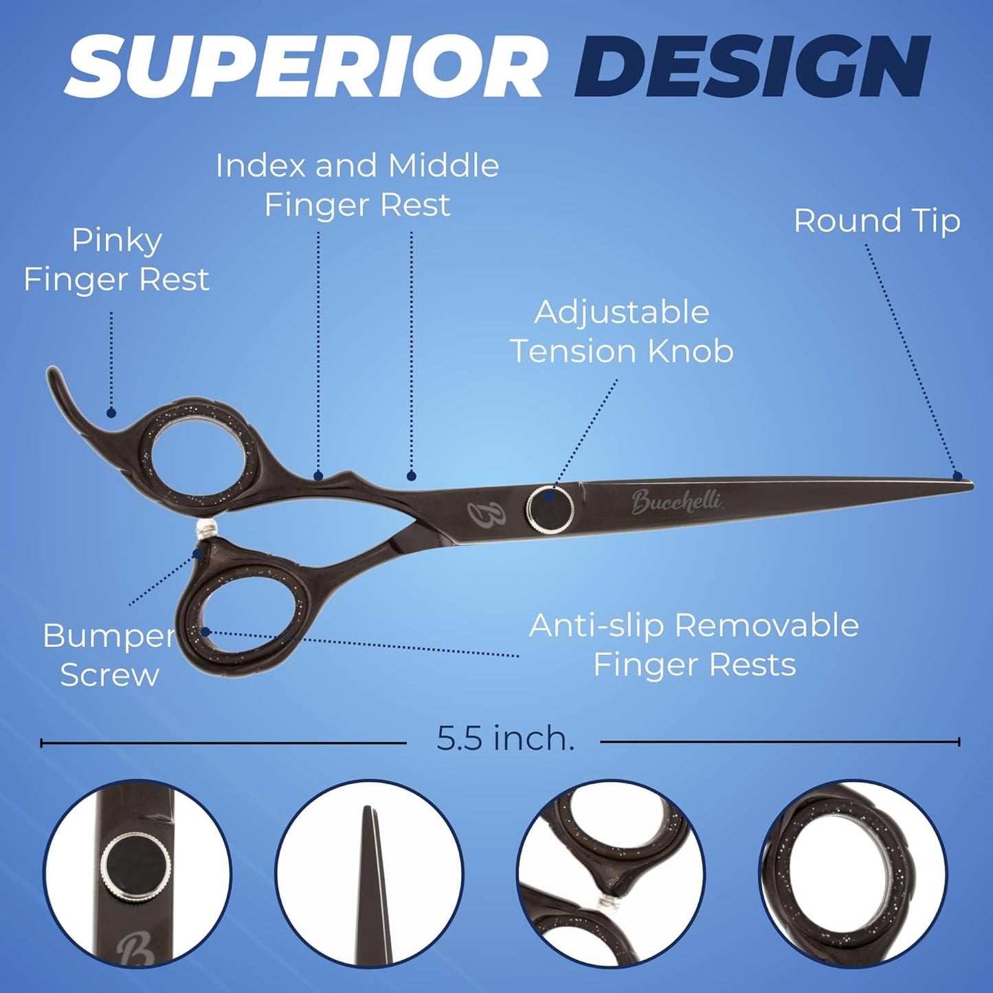 5.5 Inch Left Handed Hair Cutting Scissors Professional - Japanese 440A Inch Barber Scissors - Micro Bevel Edge with Adjustable Tension Knob (Black Left 5.5")