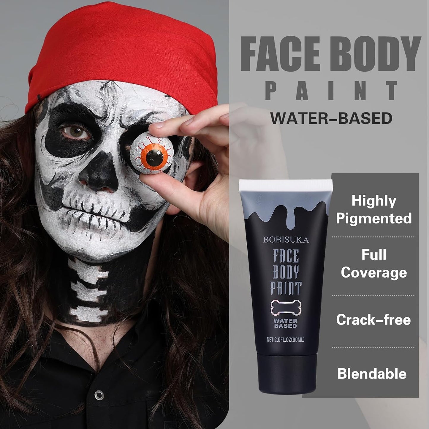 BOBISUKA Black Face Body Paint, Water Based Face Painting for Art Theater Halloween Party Cosplay Clown SFX Makeup for Women Adults, Non-Toxic Washable