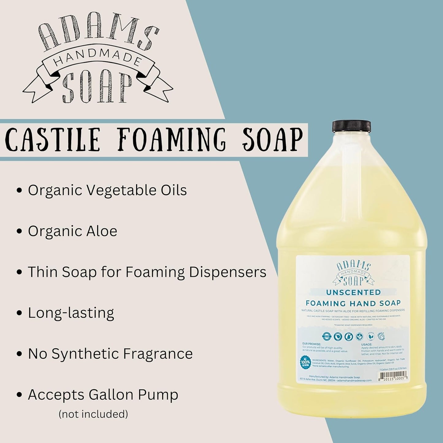Adams Handmade Soap Thin Castile Foaming Liquid Hand Soap 1 Gallon Refill - Unscented (Pack of 4)