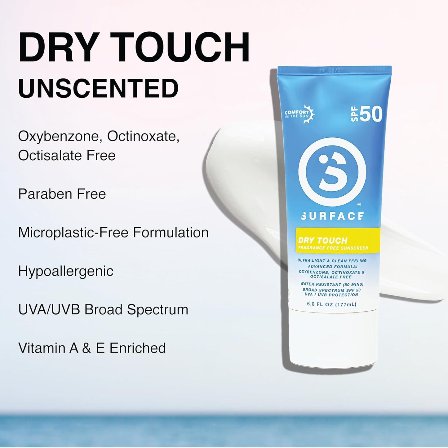 Surface Sunscreen Lotion SPF 50 for Face and Body, Natural Formula, Lightweight and Reef Friendly, Broad Spectrum UVA UVB Protection, Water Resistant Sun Care for Outdoor Use, Fragrance Free, 6oz