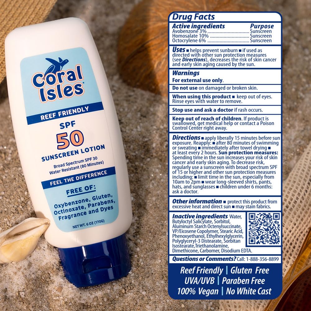 Coral Isles Sunscreen SPF 50 | Hawaii Reef-Safe Act Compliant | Octinoxate & Oxybenzone Free | Broad Spectrum UVA/UVB Protection | Water Resistant 80 Min. | Fragrance Free | 6 Fl Oz Lotion