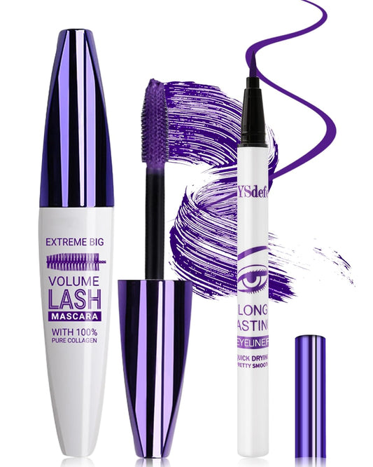 Purple Mascara Liquid Eyeliner Set, Update Longlasting Waterproof Color Eye Liner Pen, 5D Silk Fiber Colored Mascara Volume and Length, Halloween Party Stage Use Eye Makeup Gift Kit for Women Girl-05