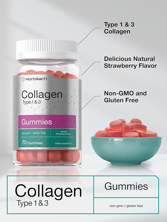 Horbäach Collagen Gummies | 70 Count | Strawberry Flavored Gummy | Hydrolyzed Collagen Type 1 and 3 | Non-GMO, Gluten Free
