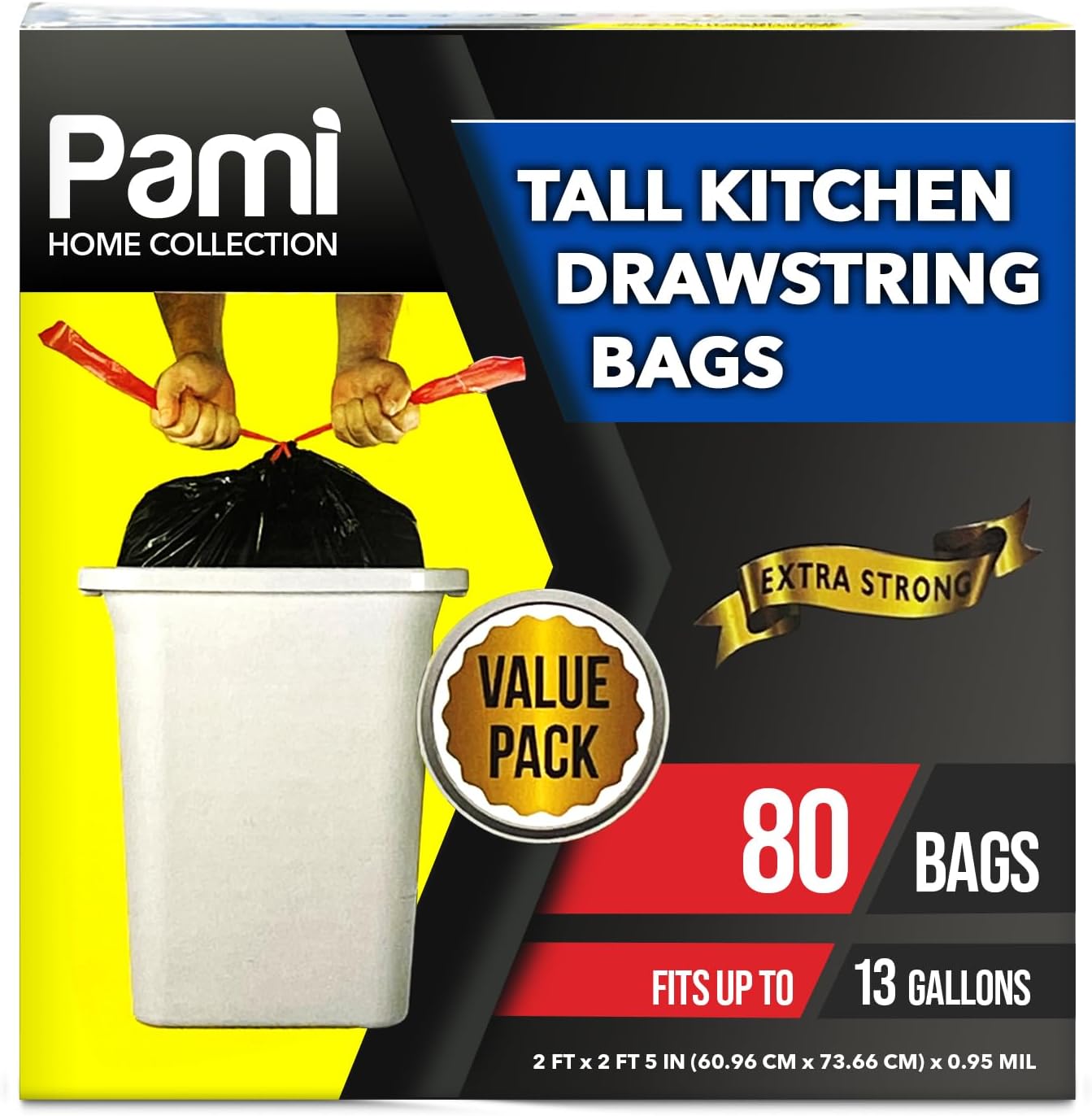 PAMI Tall 13-Gallon Kitchen Drawstring Trash Bags [80-Pack, Black] - Extra-Strong Plastic Garbage Bags- Thick Trash Can Liners For Kitchen, Bathroom & Outdoor Bins- 2ft x2ft Unscented Trash Bags