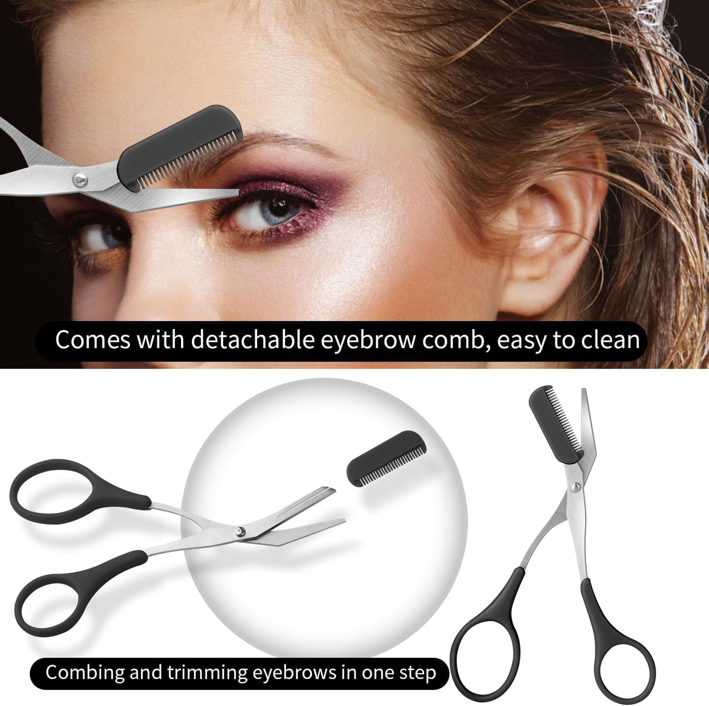 3pcs-Eyebrow Scissors with Eyebrow Razor,Professional Eyebrow Trimmer Scissors with Comb,Non Slip Finger Grips Eyebrow Trimmer,Hair Removal Beauty Accessories for Men Women (Black)