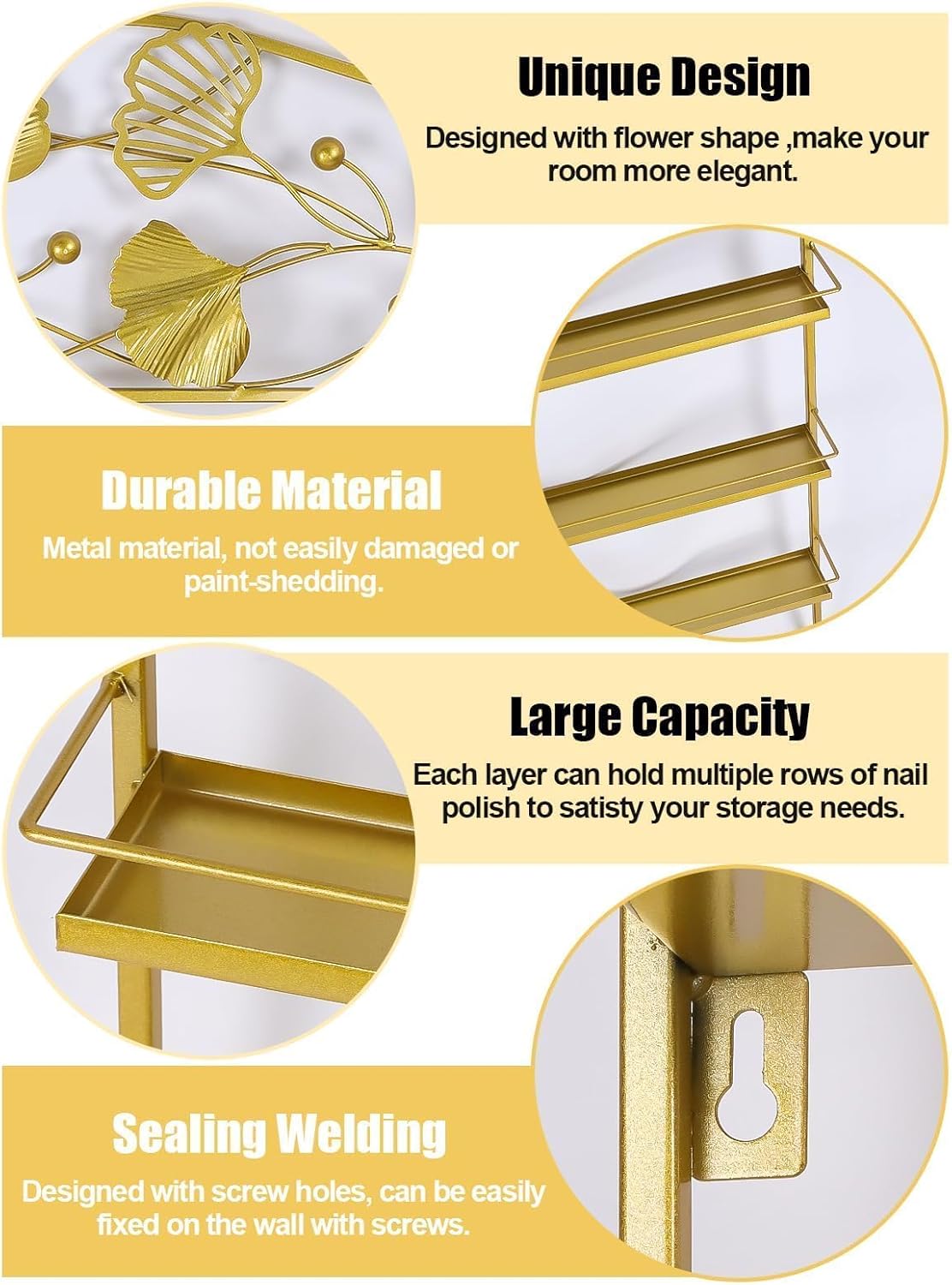 EBANKU Metal Nail Polish Racks, Gold Flower Shape Display Rack Cosmetic Display Case Lipstick Perfume Wall-mounted Shelf Essential Oil Organizer for Home Spa Nail Salon Shop