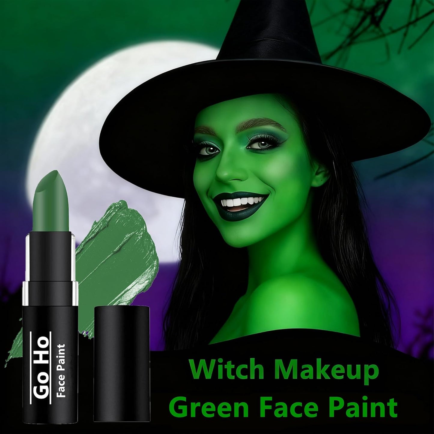 Go Ho Witch Green Cream-Blendable Stick,High Pigment Green Eye Black Face Body Paint,Hypoallergenic Camo Face Paint Stick,Safe Lipstick/Facepaint for Halloween SFX Makeup