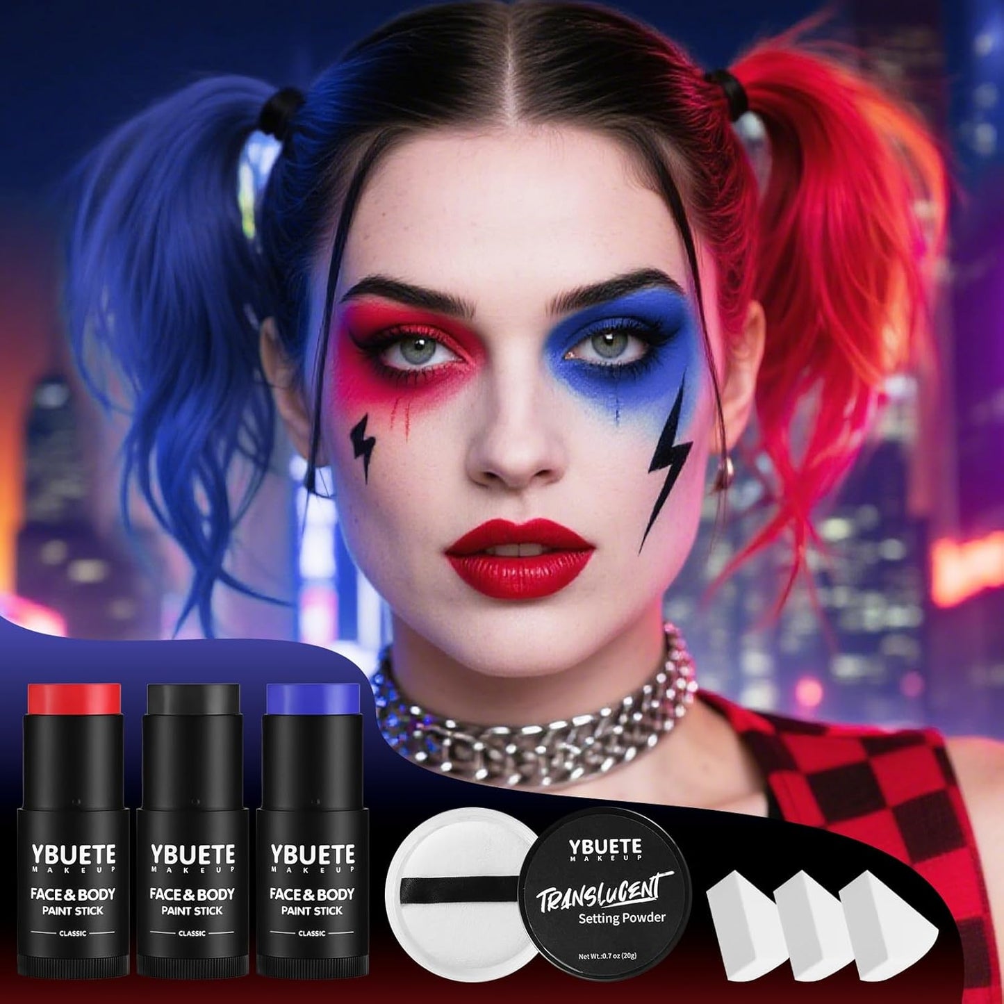 Red Black Blue Face Body Paint Stick Set with Translucent Setting Powder and Sponges, Professional Full Coverage Face Painting for Adults Halloween Cosplay SFX Joker Skull Monster Makeup