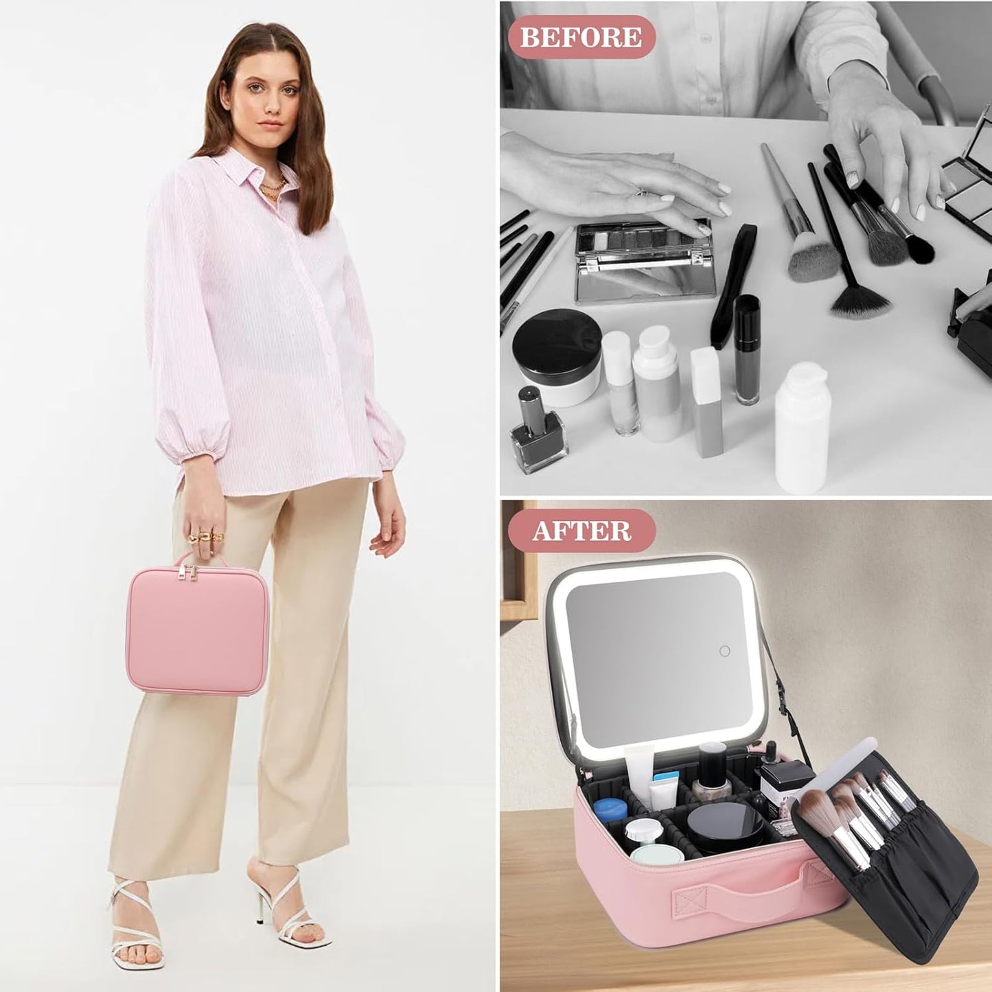Makeup Case with LED Mirror,Makeup Organizer Bag Travel Makeup Case Large Makeup Bag With Rechargeable Mirror 3 Color Lights Detachable Mirror for Women Beauty Tools Accessories（Pink）