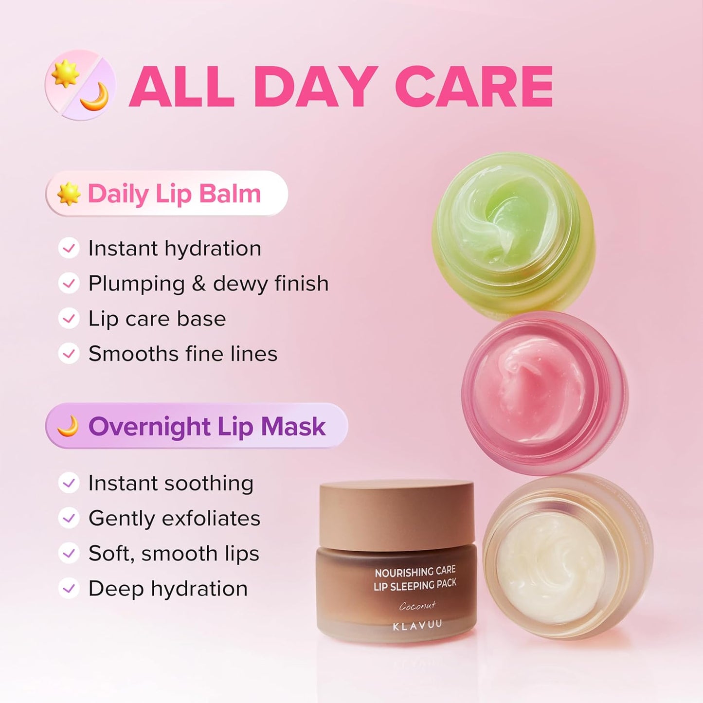 Klavuu Lip Mask (3PCS) – Overnight Deep Hydrating Korean Lip Balm Treatment for Very Dry, Chapped Lips | Lip Lightening & Plumping with Instant Hydration (Vanilla + Berry + Coconut)
