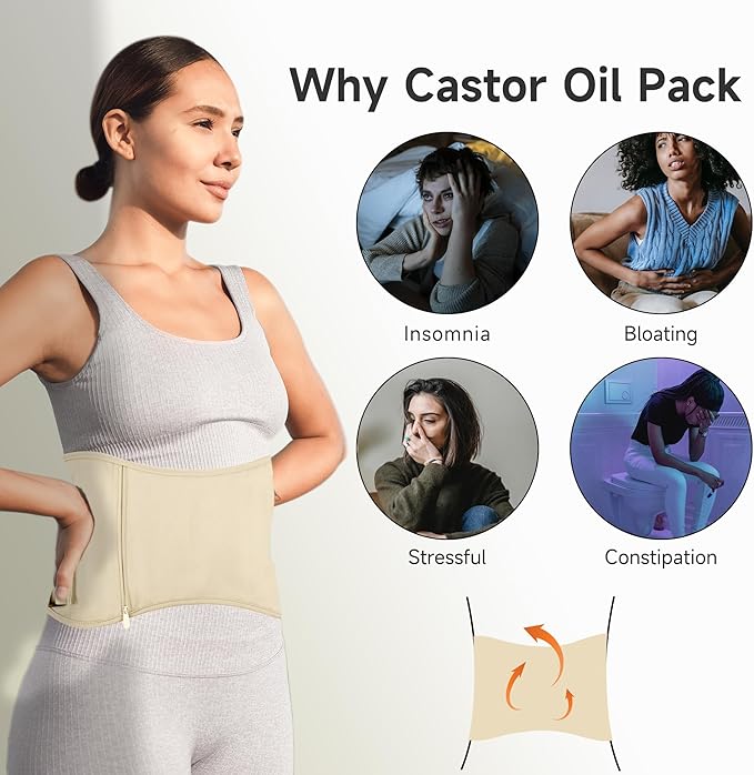Langsprit Organic Cotton Castor Oil Pack Wrap - Reusable Castor Oil Pads Pack Compress for Liver & Stomach Detox - Beige