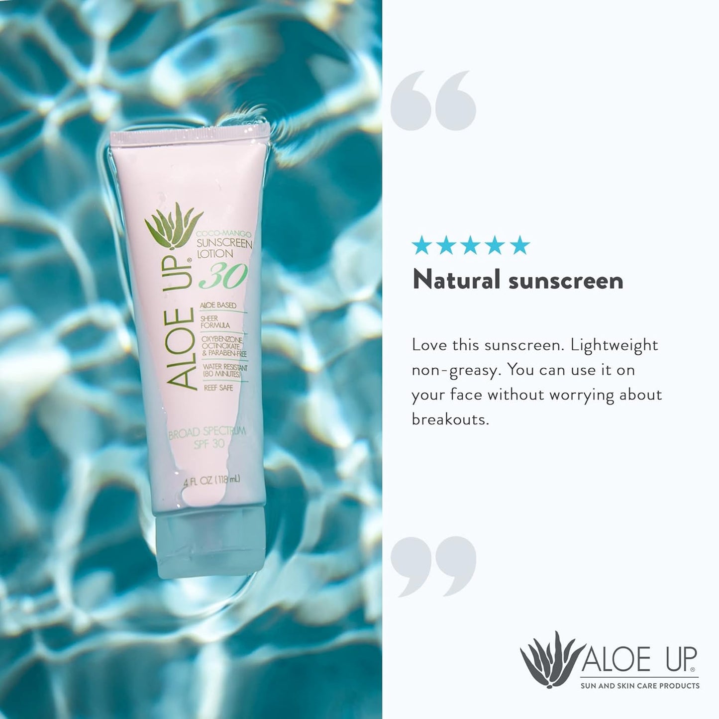 Aloe Up White Collection Sunscreen Lotion SPF 30 - Broad Spectrum UVA/UVB Sunblock for Face and Body - With Aloe Vera Gel - Alcohol-Free - Reef-Friendly - Coco-Mango Fragrance - 4 Oz