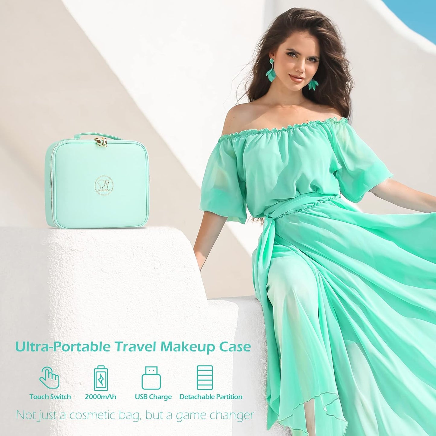 MOMIRA Travel Makeup Bag Cosmetic Bag Makeup Organizer Bag with Lighted Mirror, Adjustable Brightness in 3 Color Scenarios, Waterproof Makeup Train Case, Gift for Women - Green