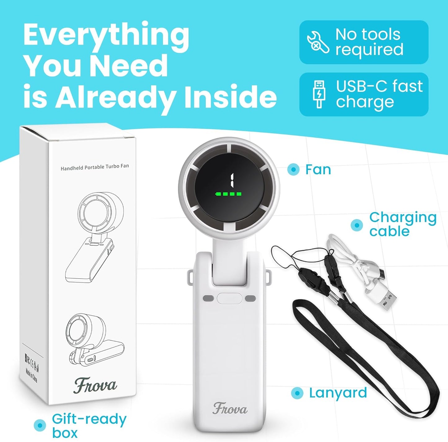 Zephyrus Portable Handheld Fan – 5200 mAh USB‑C Rechargeable, 5‑Speed Quiet Brushless – Foldable Pocket‑Size with Stand, Lanyard & Pouch