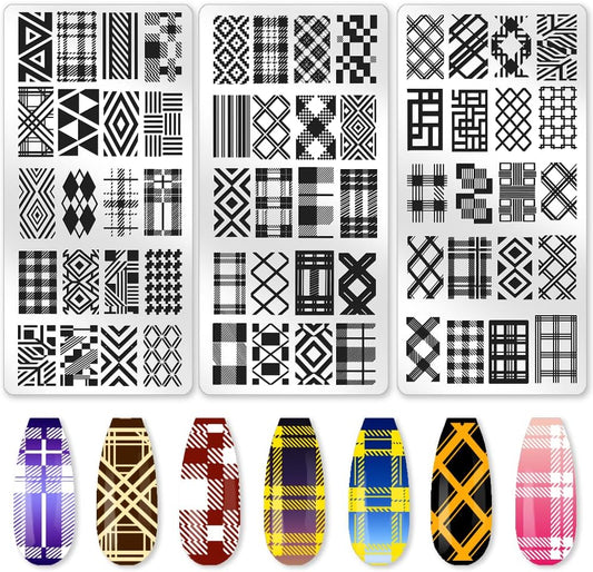 benikmake 3pcs Christmas Plaid Nail Stamp Template Classic Checkered Nail Printing Stainless Stencil for Manicure Salon Fall Theme 6x12cm 2.36x4.7inch