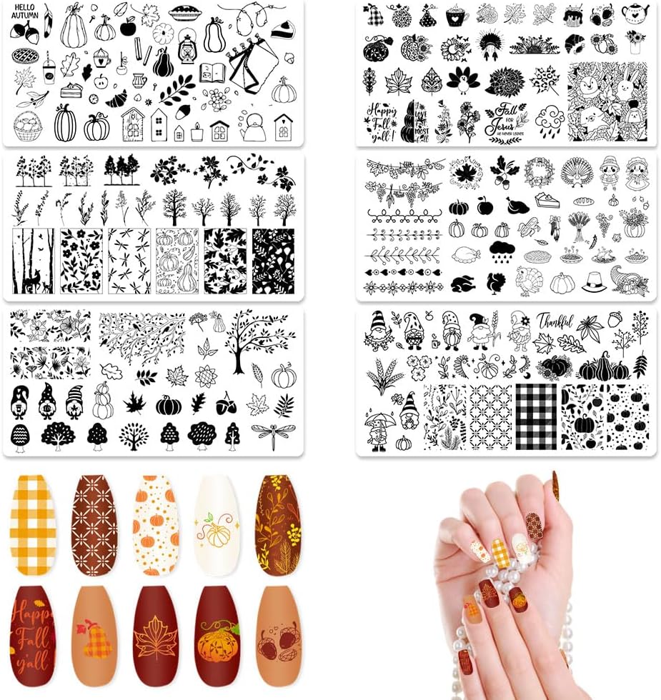 ALIBBON 6 Pcs Fall Nail Stamping Plates Set, Leaves Background Nail Art Stamp Templates, Autumn Tree Stamp Templates Kit, Happy Thanksgiving Day Metal Nail Plates for DIY Printing Decor 4.7×2.4"