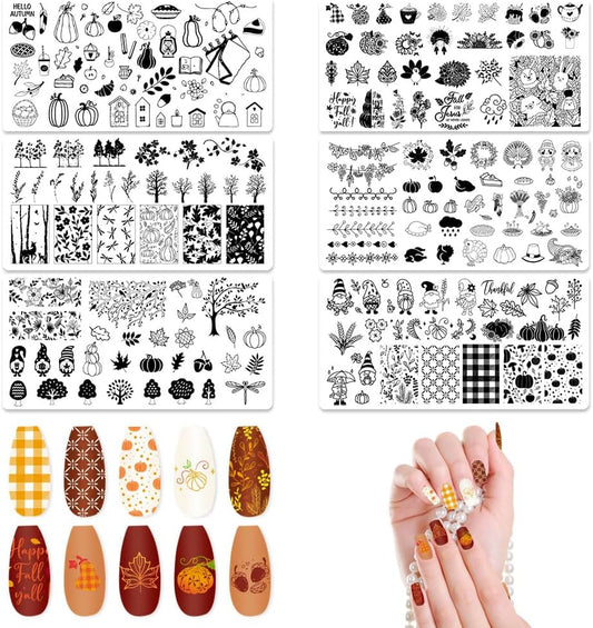 ALIBBON 6 Pcs Fall Nail Stamping Plates Set, Leaves Background Nail Art Stamp Templates, Autumn Tree Stamp Templates Kit, Happy Thanksgiving Day Metal Nail Plates for DIY Printing Decor 4.7×2.4"
