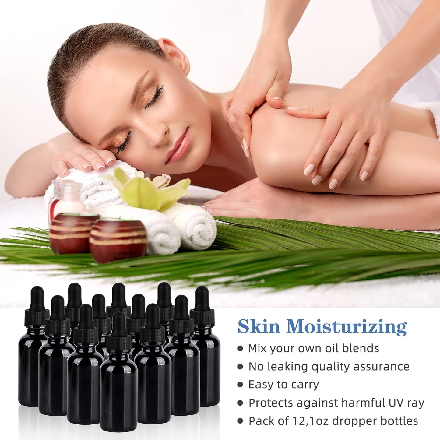 1 oz UV Resistant Dropper Bottle 12 Pack Black Glass Boston Bottles 30ml with Eye Droppers Black Caps for Essential Oils, Perfume, Leak Proof Travel Bottles for Liquids