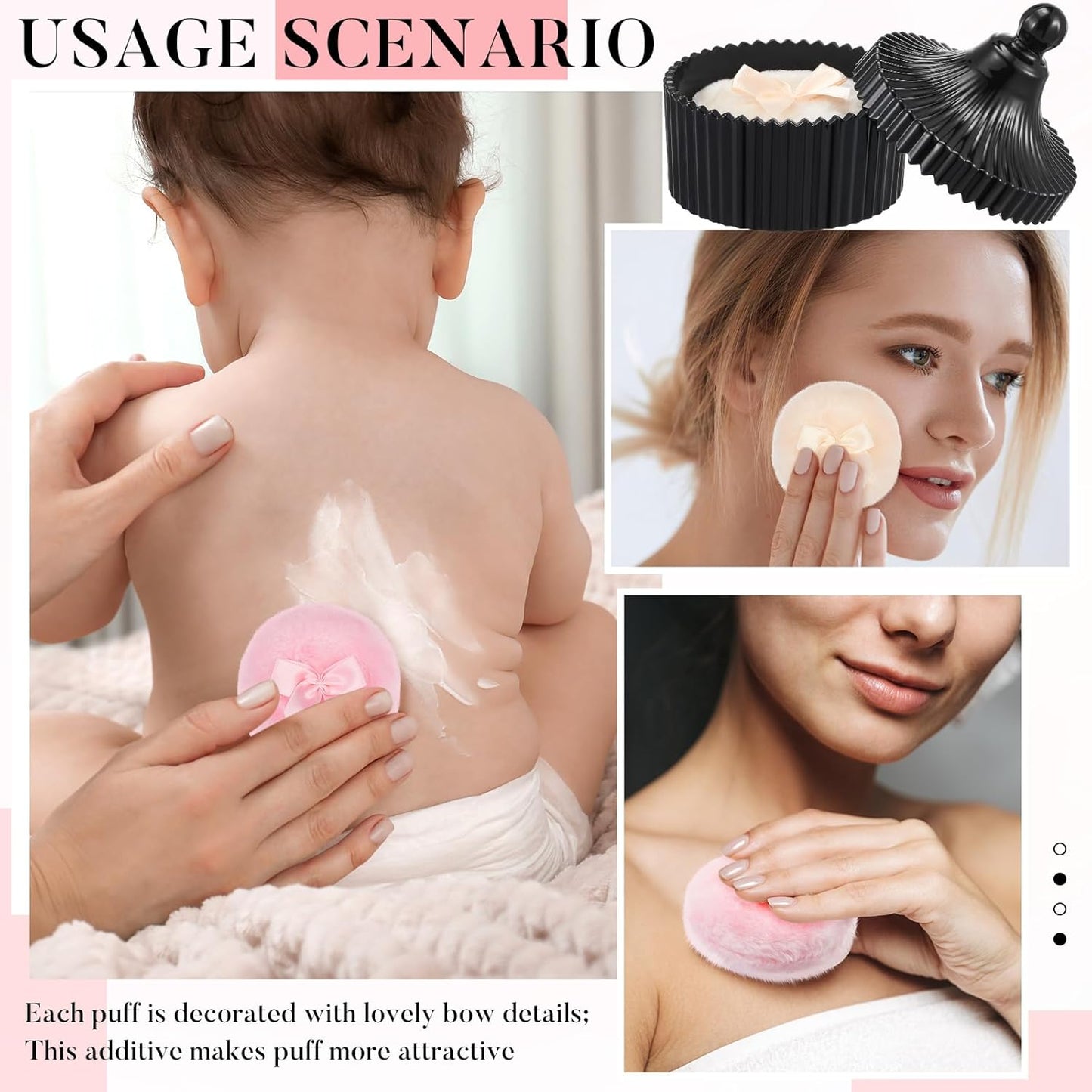 Tioncy 3 Pcs Large Body Powder Puff and Container Crystal Container Soft Washable Reusable Velour Face Body Glitter Powder Puff Wet Dry Makeup Simple Style (Black)