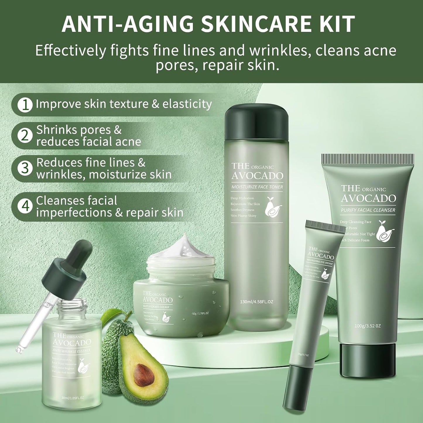 Avocado Skin Care Set, 9-In-1 Travel Skincare Kits for Hydrating & Soothing Skin, Daily Care Routine Kit with Avocado, Anti Aging Facial Kit for Women, Reduces Acne, Fine Lines & Wrinkles.