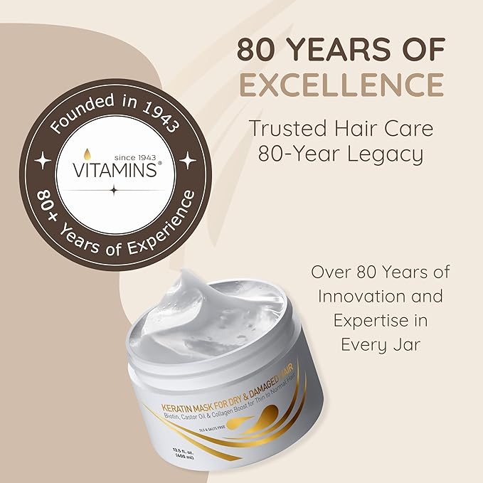 VITAMINS hair cosmetics Keratin Hair Mask Deep Conditioner - Biotin Collagen Protein & Castor Oil Repair for Dry Damaged Hair - Conditioning Treatment for Curly or Straight Thin Fine Locks
