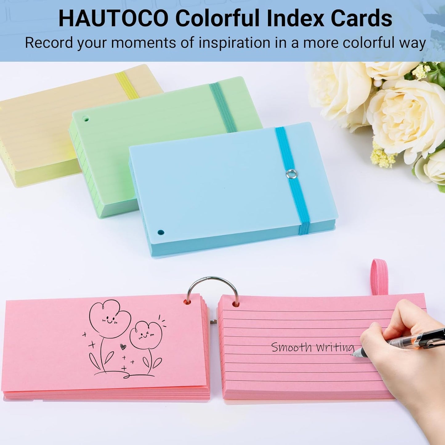 HAUTOCO Colored Index Cards 3x5 Inch 400 PCS Flash Cards with Ring Ruled Notecards with Waterproof Covers Flashcards for Studying Learning School College, 4 Colors