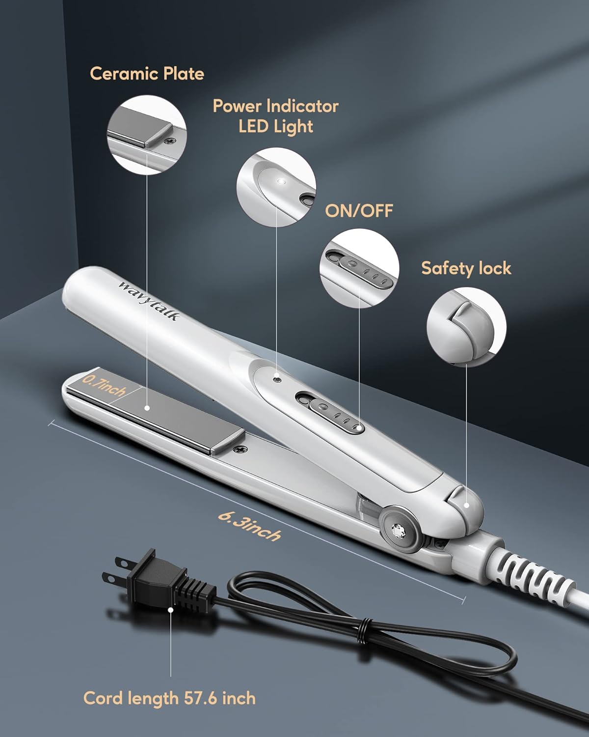 Wavytalk 0.7 Inch Ceramic Mini Hair Straightener - Small Flat Irons for Short Hair, Curls Bangs, Travel Friendly (White)