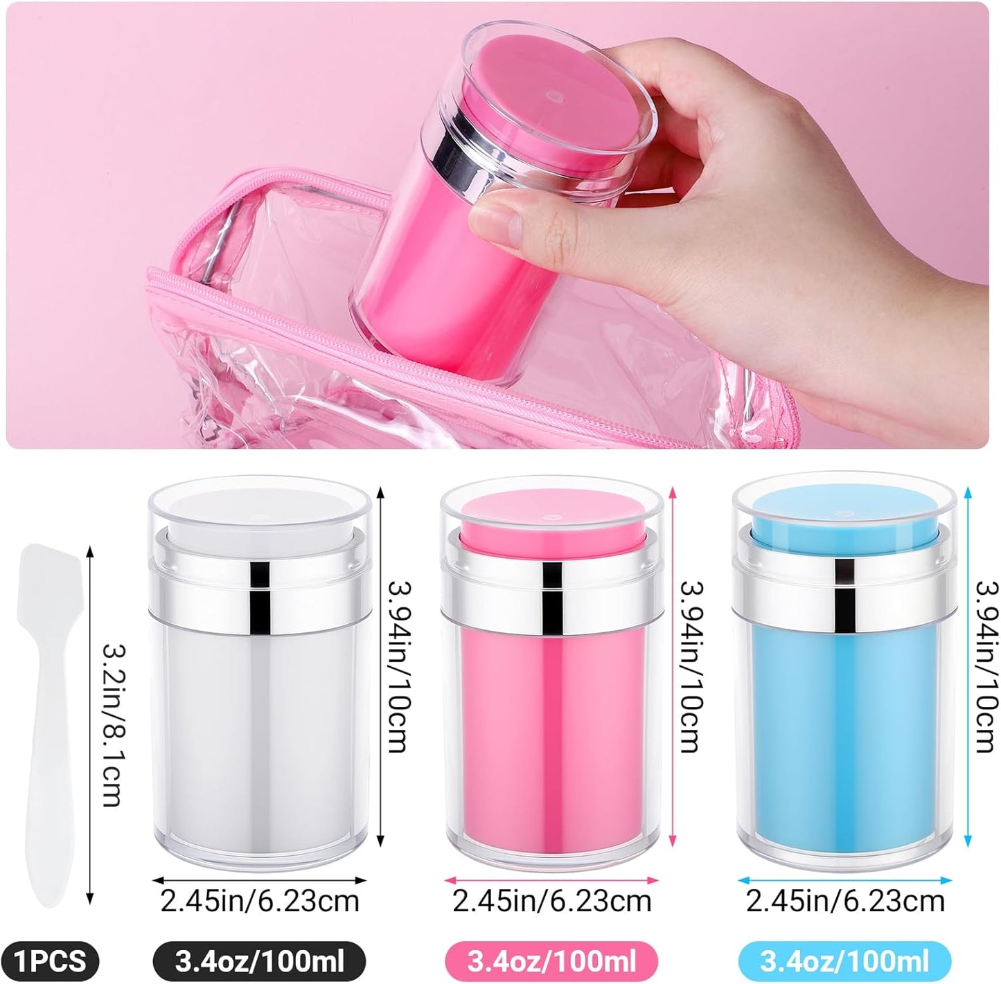 Segbeauty Airless Jar 3.4oz Travel Bottles for Toiletries, 3pcs Empty Travel Containers for Liquids, 100ml Refillable Lotion Pump Jars Dispensers, Plastic Vacuum Cream Containers with Pump for Makeup