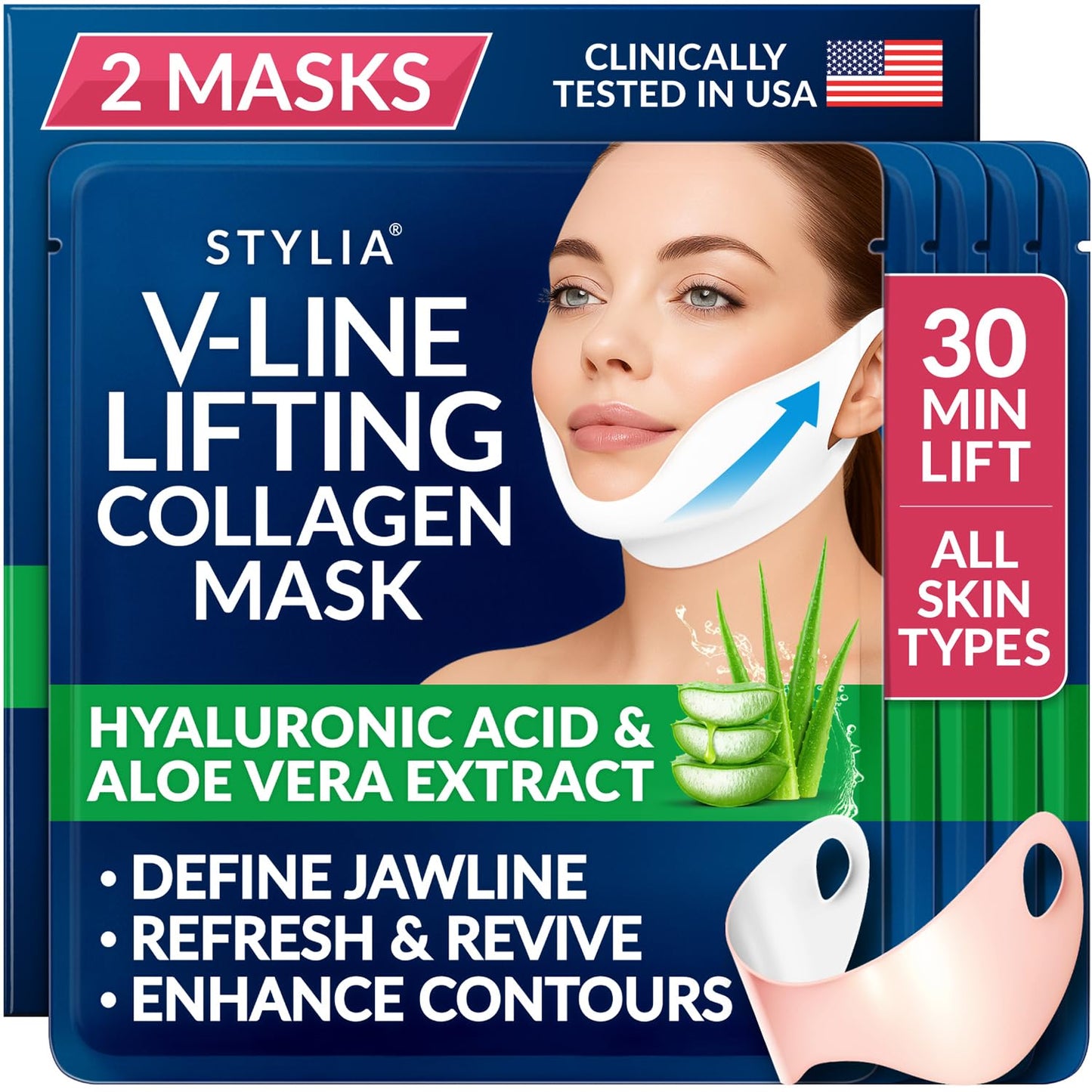Stylia V Line Lifting Collagen Face Mask - Lift, Firm & Contour Jawline - Double Chin Strap with Hyaluronic Acid & Aloe Vera - Hydrating Neck & Face Tightening Mask - Chin Strap for Sleeping (2PC)