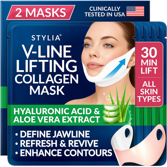 Stylia V Line Lifting Collagen Face Mask - Lift, Firm & Contour Jawline - Double Chin Strap with Hyaluronic Acid & Aloe Vera - Hydrating Neck & Face Tightening Mask - Chin Strap for Sleeping (2PC)