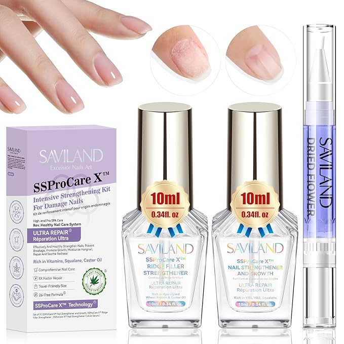 SAVILAND 3-in-1 Nail Strengthener Kit: Ultra Repair Nail Growth and Strengthener with Vitamin E Castor Oil Nail Strengthener for Damaged Nails Care Kit for Repairing Nourishing Weak Brittle Nail Home
