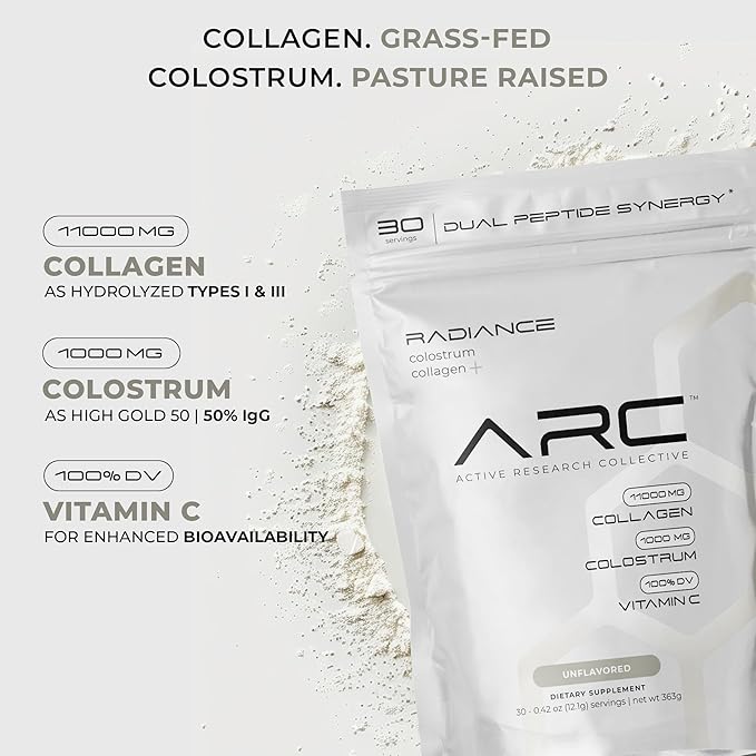 Radiance, Grass-Fed Collagen Peptide & Colostrum Powder, Supports Gut Health, Digestion, Immune Function, Healthy Joints, Bones, Skin, Hair & Nails, Keto, Gluten & Fat-Free, Unflavored, 30 Servings