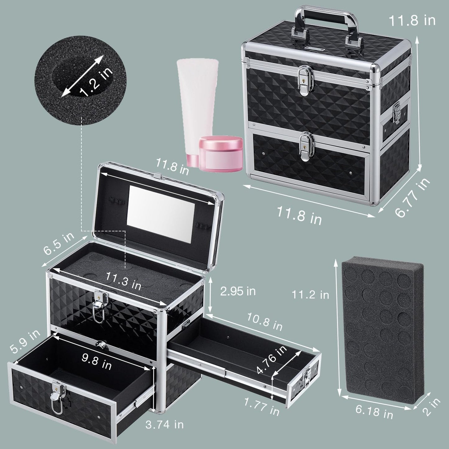 Frenessa Nail Polish Makeup Train Case with Drawer and Dividers Manicure Organizer Accessory Storage Makeup Box With Mirror Lockable Keys Nail Kit Organizer Cosmetic Case Jewelry Box - Black