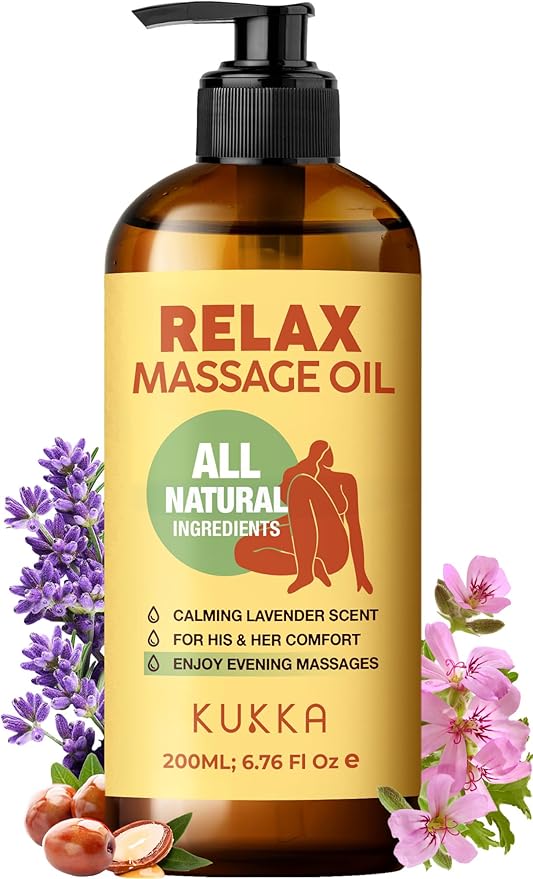 Kukka Relax Massage Oil for Massage Therapy - 6.76 Fl Oz - 100% Pure Natural Full Body Oil Relaxing, Warming for Women & Men, with Lavender, Jojoba, Rose Geranium & Vitamin E