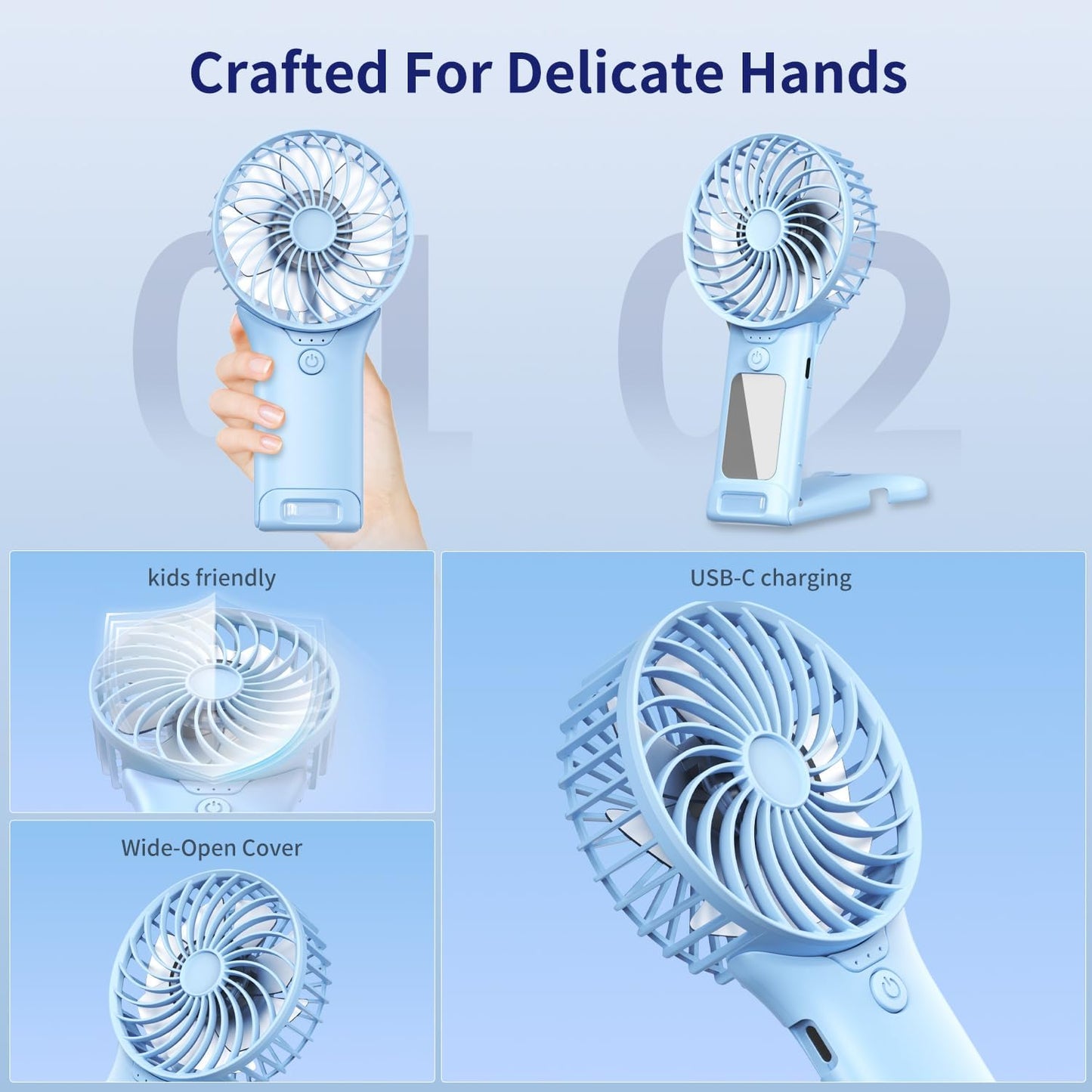 GEHEN Portable Pocket Fan, USB Rechargeable, Mini Fan with Mirror, 4 Gear Wind, Up to 15 Hours, Hand Fan with Powerful Cooling for Travel/Summer/Concerts/Lash, Gifts for Women(Blue)