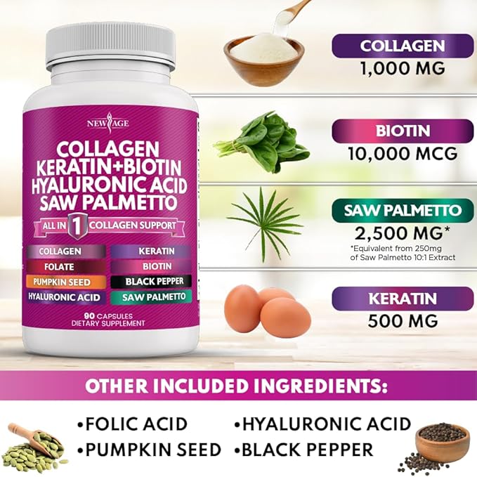 NEW AGE Collagen Pills Biotin Keratin Saw Palmetto Hyaluronic Acid- Vitamin E Folic Acid Pumpkin Seed MSM- 270 Count