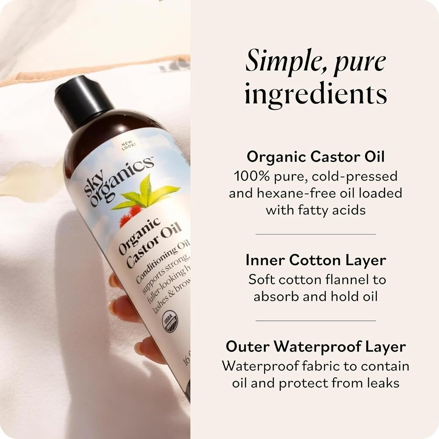 Sky Organics 16oz Castor Oil w/Wraps | Reusable Organic Castor Oil Pack to Boost Body's Wellness, Encourage Rest & Relaxation | Adjustable Elastic Straps Cotton Durable Easy to Use