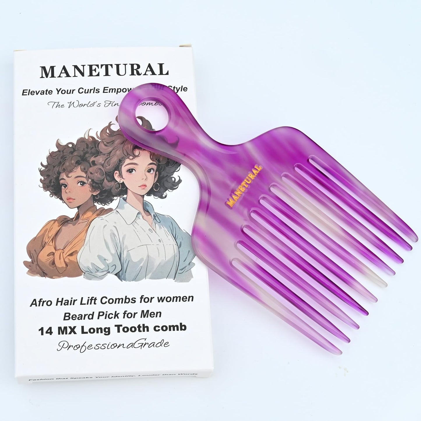 14MX Long-Tooth Comb/Afro Hair Lift Combs for Women's Curls and Men's Beards - Hand-Made, Hand-Crafted Beauty for Effortless Styling (purple_B, 2PACK)