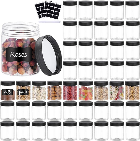 48PCS 8OZ Plastic Jars with Screw On Lids, Labels Refillable Empty Round Slime Containers for Storing Dry Food, Honey Jam, Cream, Butter, Lotion
