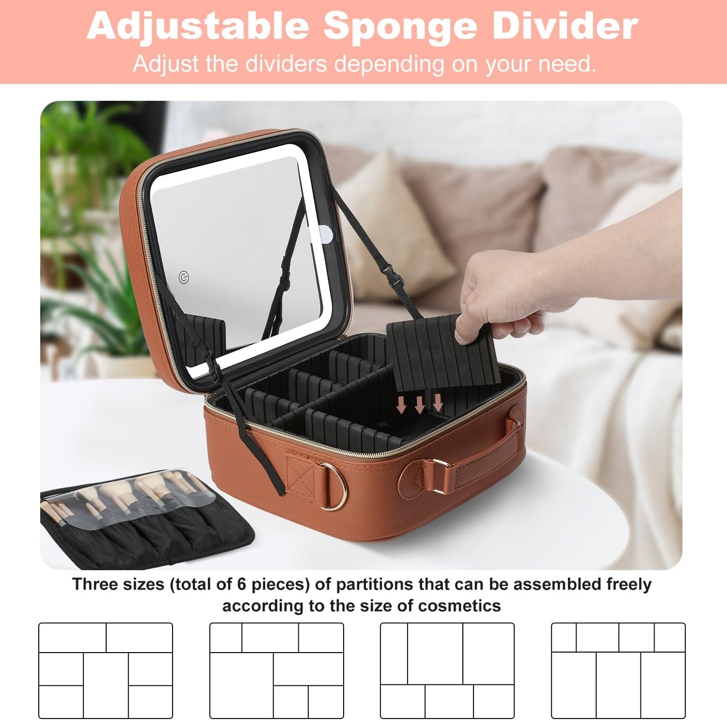 Mocado Travel Makeup Bag with LED Lighted Mirror, Travel Makeup Organizer, Makeup Case with 3 Color Lighted Setting and 10x Magnifying Mirror, Portable Storage and Adjustable Dividers(Orange Brown)