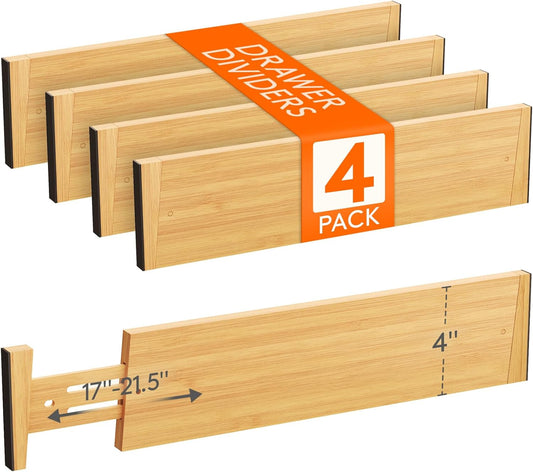 Lifewit 4 Pack 4" High Bamboo Drawer Dividers, 17-21.5" Adjustable Drawer Organizers for Clothes, Wood Dresser Drawer Divider, Expandable Deep Drawer Separators for Dresser, Kitchen, Bedroom, Bathroom