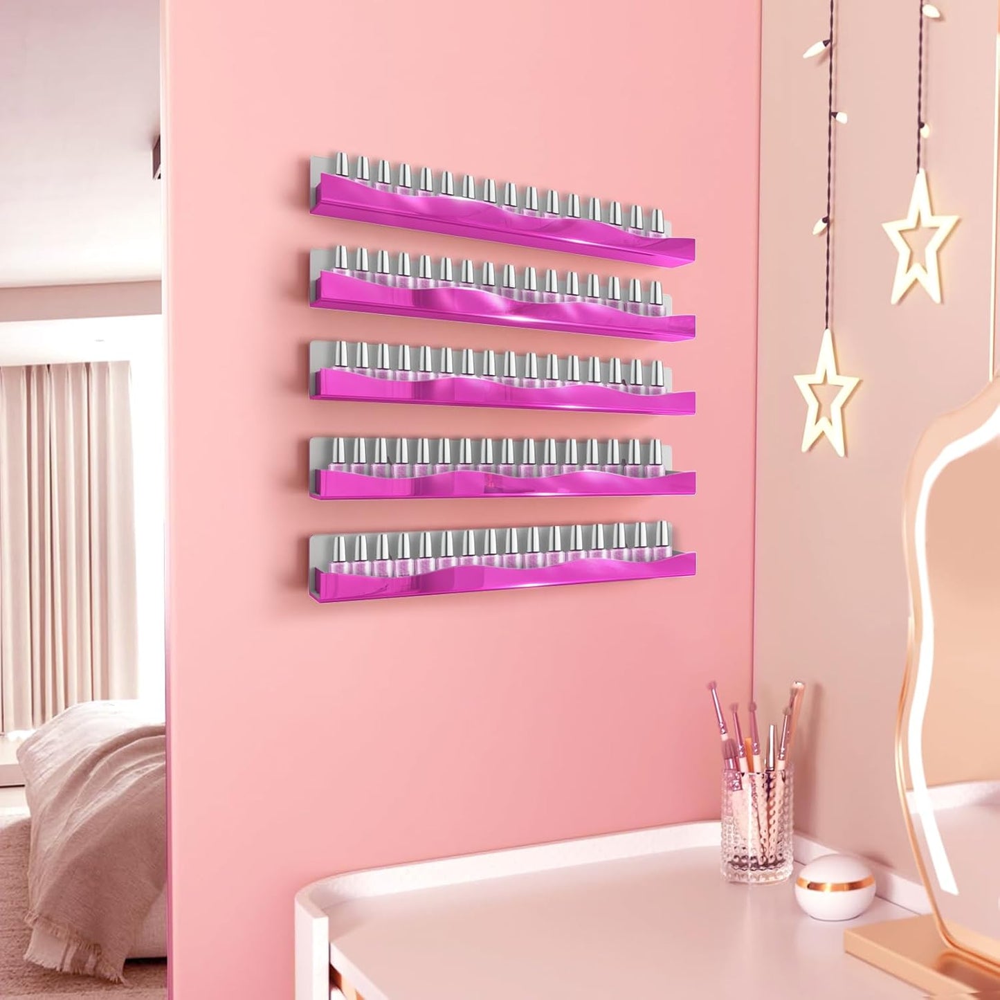 YMVV Wall-Mounted Nail Polish Organizer Rack - 15 Inch Pink Mirror Finish Nail Polish Shelf, Makeup & Beauty Essentials Storage - Multi-Purpose Display Holder for Small Space, Vanity Bathroom, 6 Pack