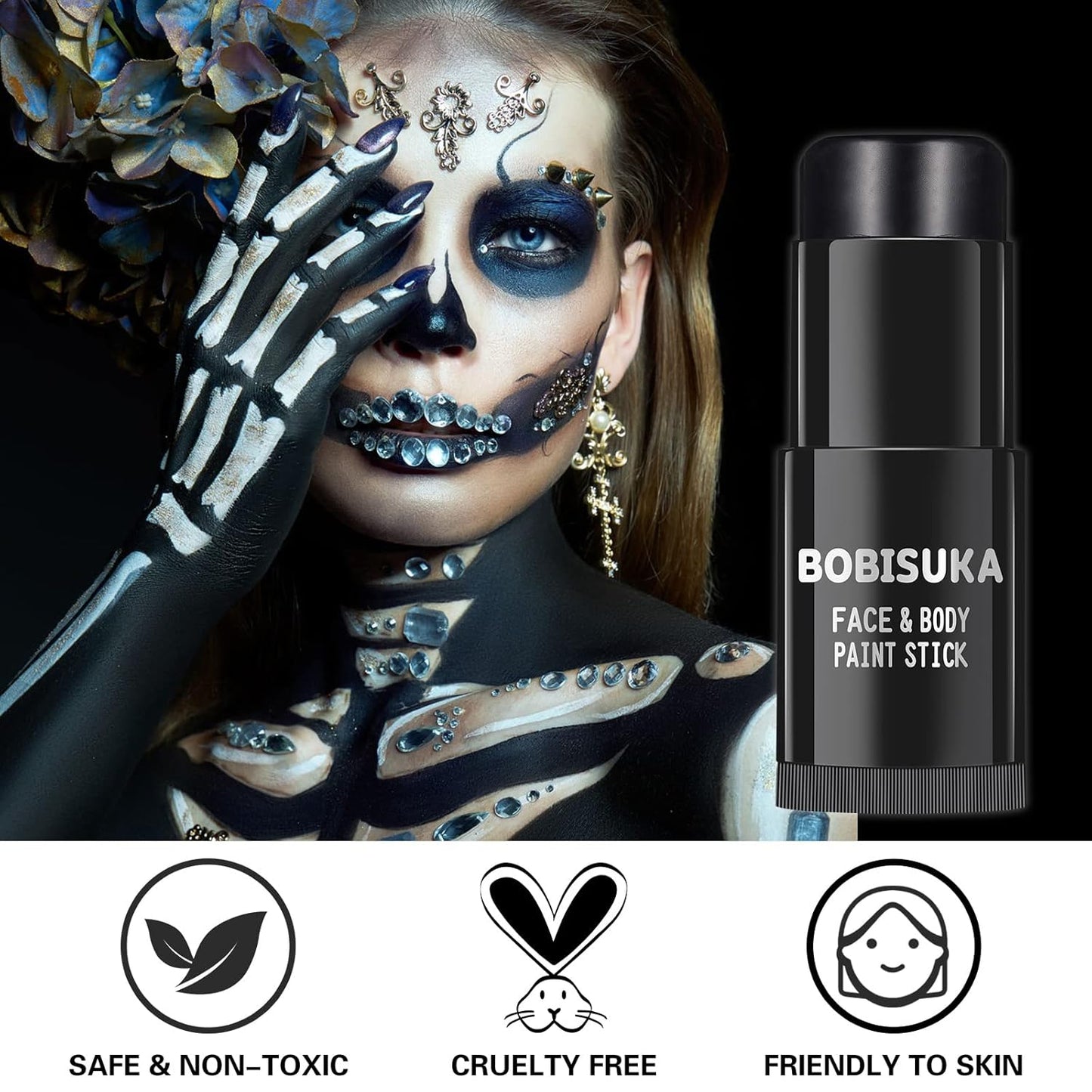 BOBISUKA Black Face Body Paint Stick, Eye Black Sticks for Sports Baseball Softball Football, Waterproof Eyeblack Painting Kit for Halloween Skeleton Skull SFX Cosplay Special Effects Costume Makeup