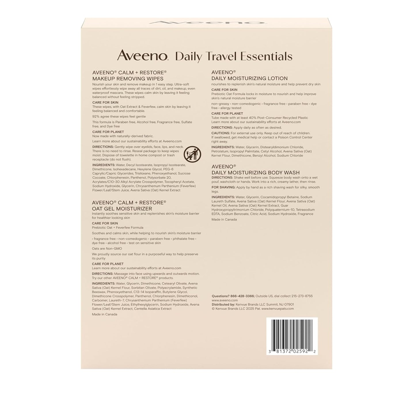 Aveeno Daily Travel Essentials Gift Set with Daily Moisturizing Lotion, Daily Moisturizing Body Wash, Calm + Restore Makeup Removing Wipes, & Calm + Restore Oat Gel Moisturizer, 4 items