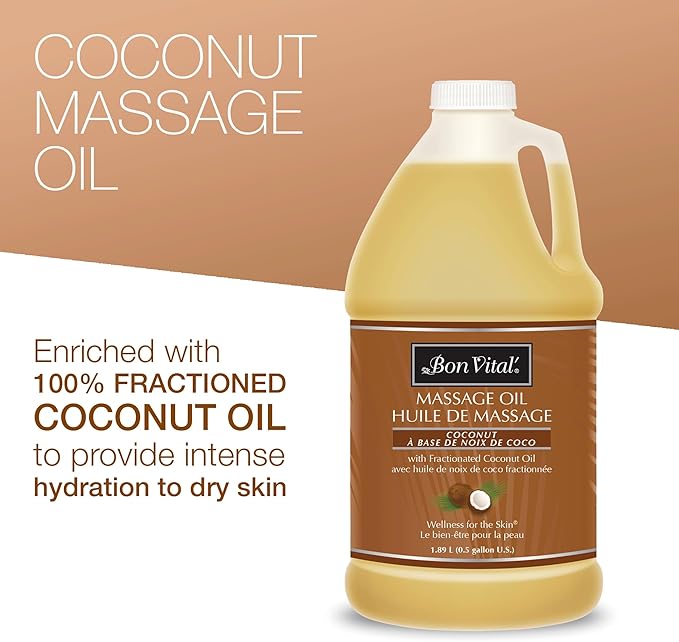 Bon Vital' Coconut Massage Oil with 100% Pure Fractionated Coconut Oil to Repair Dry Skin, Used by Massage Therapists and At-Home Use for Therapeutic Massages and Relaxation, 1 Gal, Label may Vary