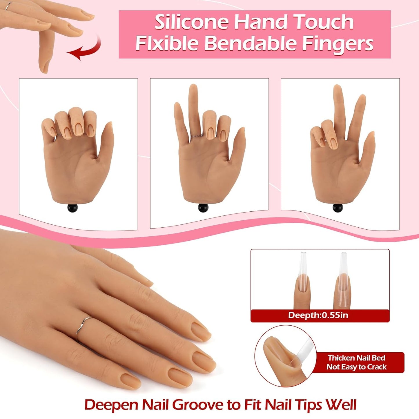 LIONVISON Practice Hand for Acrylic Nails, Silicone Nail Hand Practice, Flexible Fingers Fake Training Hand False Mannequin Hands for Nail Practice, Hand Model Kit for Nail Supplies Manicure Beginners
