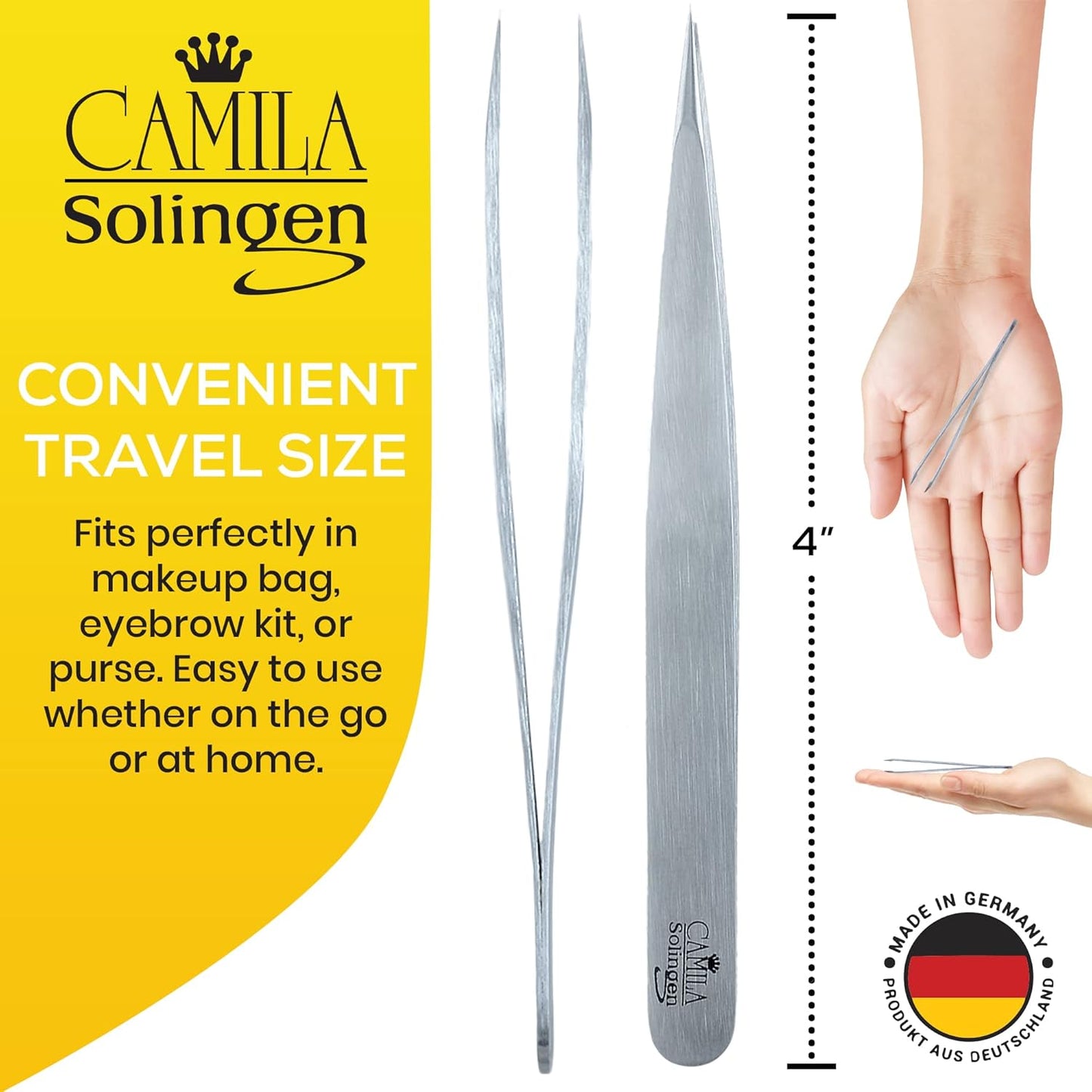 CS27 4" Professional Surgical Grade Stainless Steel Precision Tip Eyebrow Tweezers for Facial Hair Shaping & Removal. Beauty Tool for Men/Women. Made in Solingen Germany (Pointed)