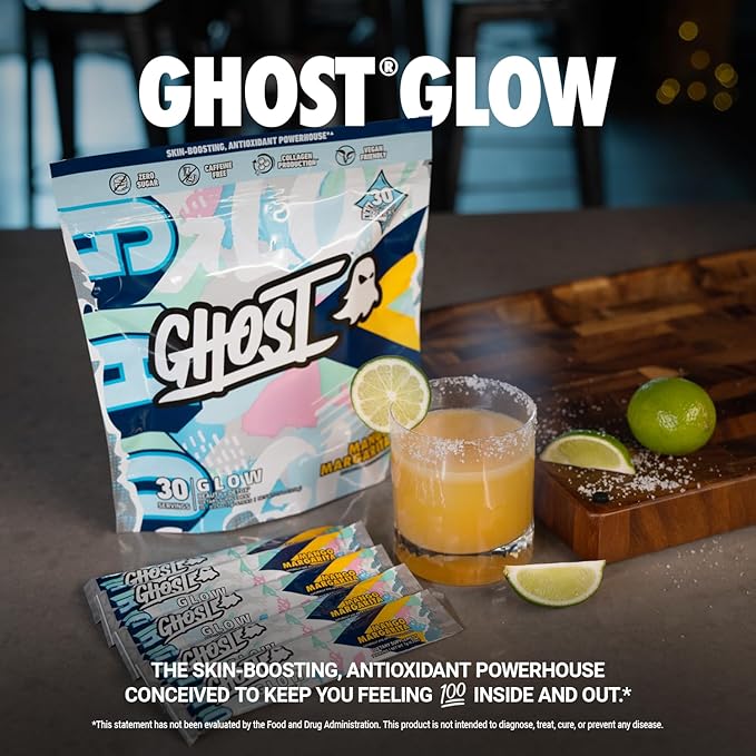 GHOST Glow Sticks: Beauty and Detox Supplement - 30 On-The-Go Stick Packs, Mango Margarita - Hyaluronic Acid, Biotin & L-Theanine for Skin-Boosting Support - Sugar Free, Gluten Free