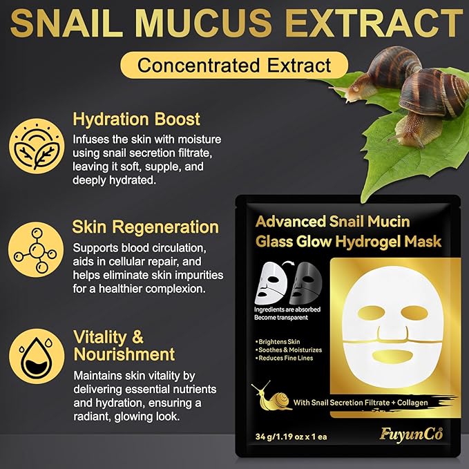 Advanced Snail Mucin Glass Glow Hydrogel Face Masks - 4pcs，Collagen Face Mask - Anti Aging and Moisturizing Face Masks Skincare,for Acne Marks, Anti-Aging, Firming Skin