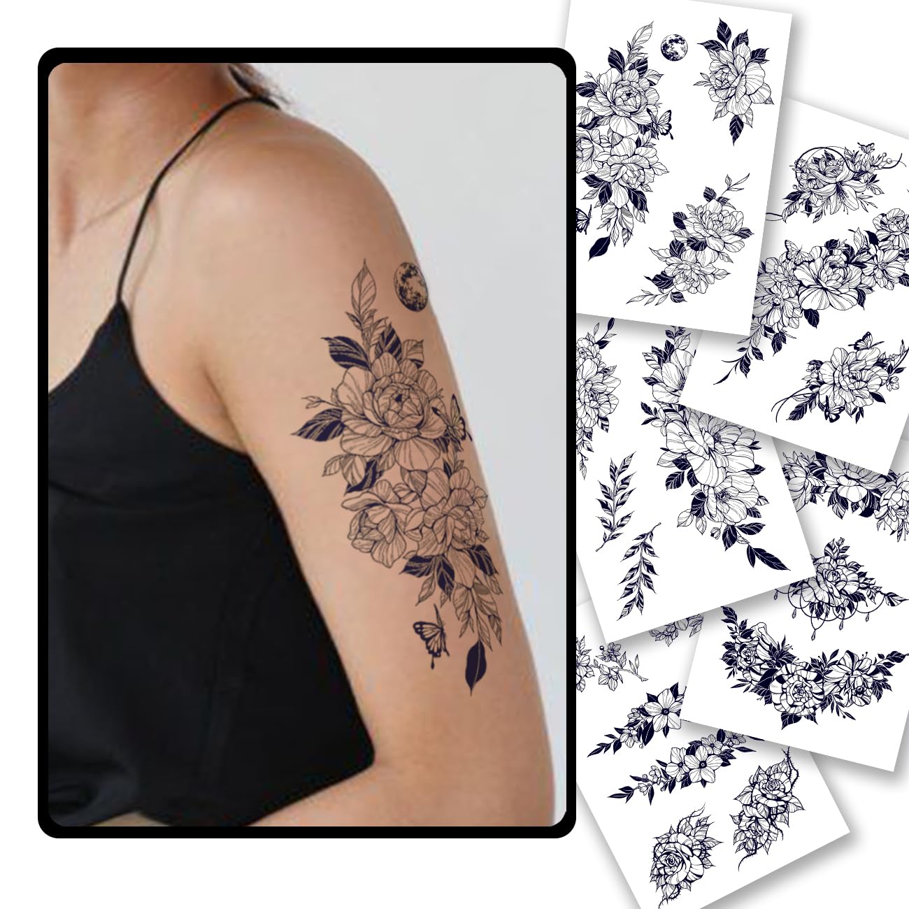 CHARLNET 5 Sheets Flower Semi-Permanent Tattoos for Women - 2 Weeks Long Last Rose Fake Tattoos for Women Arm Body/Fades Naturally/No Reflection/Waterproof/Realistic